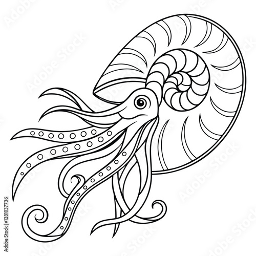 Nautilus Shell Coloring Page: Detailed Line Art of Cephalopod with Intricate Spiral Pattern for Creative Coloring Fun & Education
