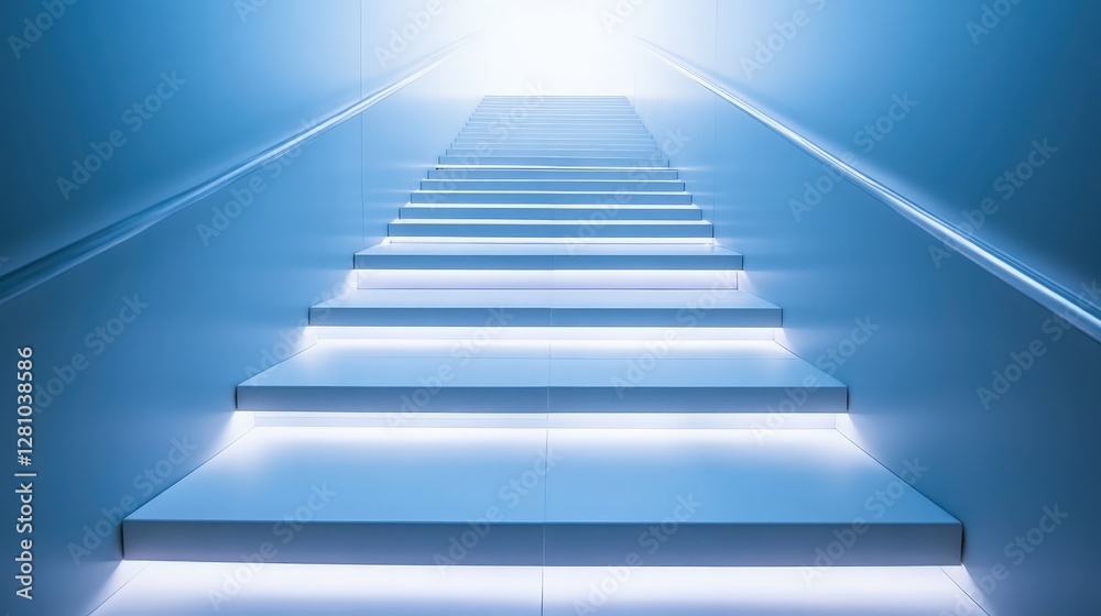 Bright and Ethereal Staircase Leading to Unknown Light in a Modern Setting with Soft Blue Tones Bright and Ethereal Staircase Leading to Unknown Light in a Modern Setting with Soft Blue Tones