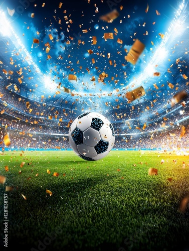 Soccer Ball in Stadium with Confetti