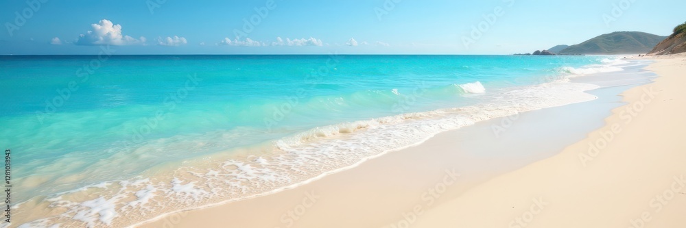 Soft blue ocean meeting clean sandy beach, bright sunlight , sand, nature Soft blue ocean meeting clean sandy beach, bright sunlight , sand, nature