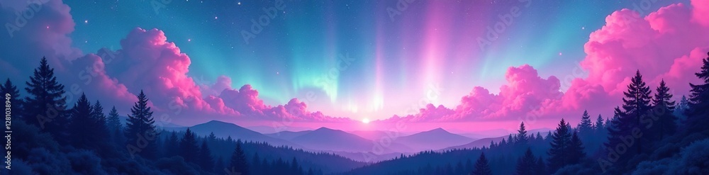 Fototapeta premium Soft pink clouds dance across the sky as stars twinkle above, forest, , aurora borealis