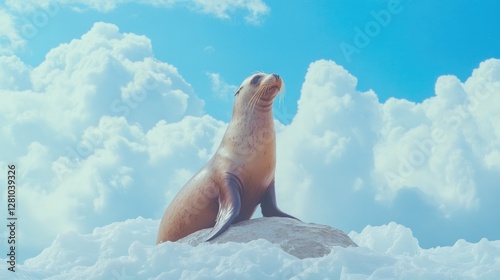 Seal perched on rock amidst fluffy clouds, gazing at bright blue