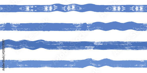 Wave stripes seamless pattern. Hand drawn wavy beach vector print, grunge paint lines with waves, blue watercolor background