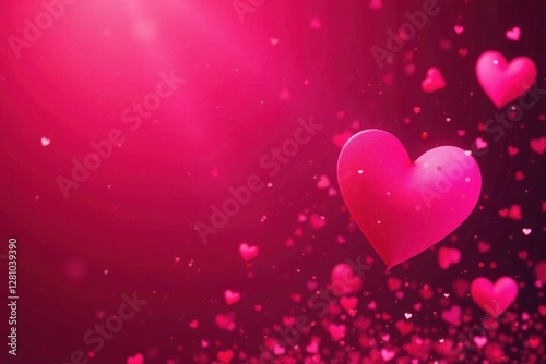 Vibrant neon pink hearts, red background, confetti explosion, illustration, vibrant