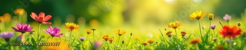 Vibrant wildflowers in lush meadow, sunny day, photo, colorful, image