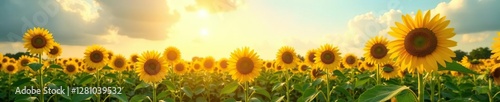 A field of tall sunflower stalks stretching towards the sky, field, sunlight