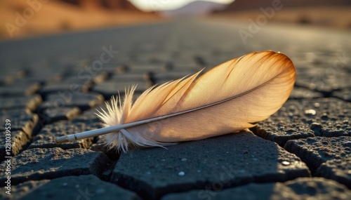 Weathered feather rests on cracked asphalt, desert landscape, outdoor, road trip