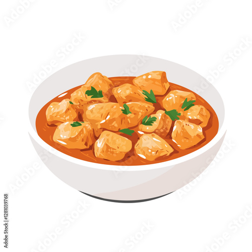 Flat vector chicken paprikash, minimalist design, isolated on a white background.

