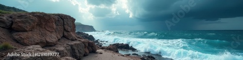 Bare rock outcrop, crashing waves, ominous clouds , dramatic lighting, seabird, wind