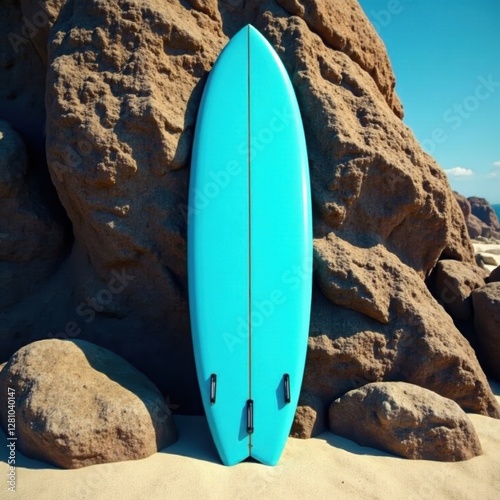 Bright blue surfboard nose, rugged rock backdrop, cliff, surfboarddesign, wave
