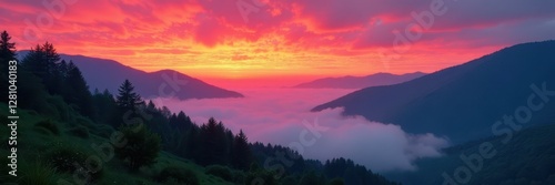 Crimson sky ablaze, evergreen slopes shrouded in mist , majestic, dramatic, mist