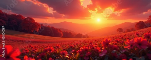 Crimson sun rises over a carpet of autumn flowers , outdoor, dawn, red