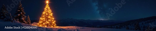 Dazzling golden Christmas tree shines bright under starry sky, starry background, holiday cheer