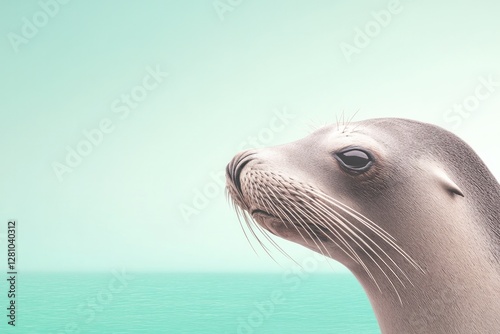 Elegant sea lion gazes thoughtfully towards serene turquoise wat