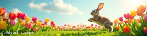Easter bunny leaps; vibrant tulips, spring blooms, meadow, yellow