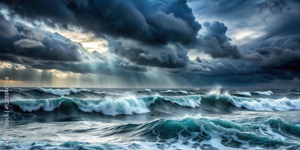 Fototapeta premium A stormy sea with dark grey clouds and heavy rain, turbulent, darkening horizon, turbulent, darkening horizon,storm