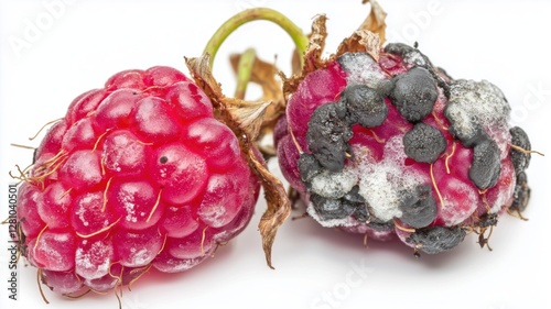 Overripe raspberries showing signs of mold on a white background after being left uneaten for too long photo