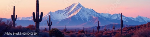 Giant saguaro silhouettes against a snow dusted mountain backdrop , background, desert ecosystem, mountain peak