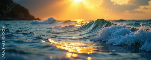 Golden rays illuminate dancing ocean waves, creating a shimmering effect , nature, sunlight