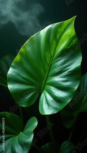 Giant Alocasia leaves glistening, steam rising, wet leaves, plant life, jungle