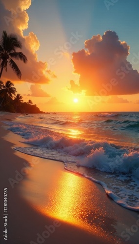 Golden sunrise paints Cancun beach sky, waves gently lapping shore , cancun, vibrant, ocean
