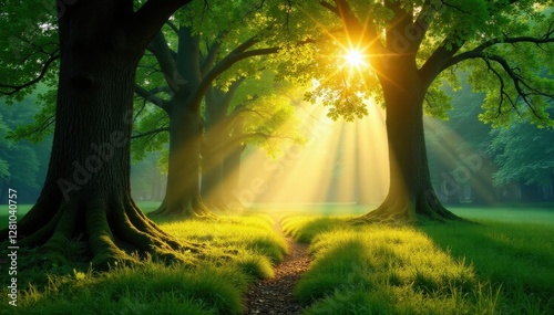 Golden sunlight filtering through ancient beech trees, emerald green undergrowth, green, natural, picture
