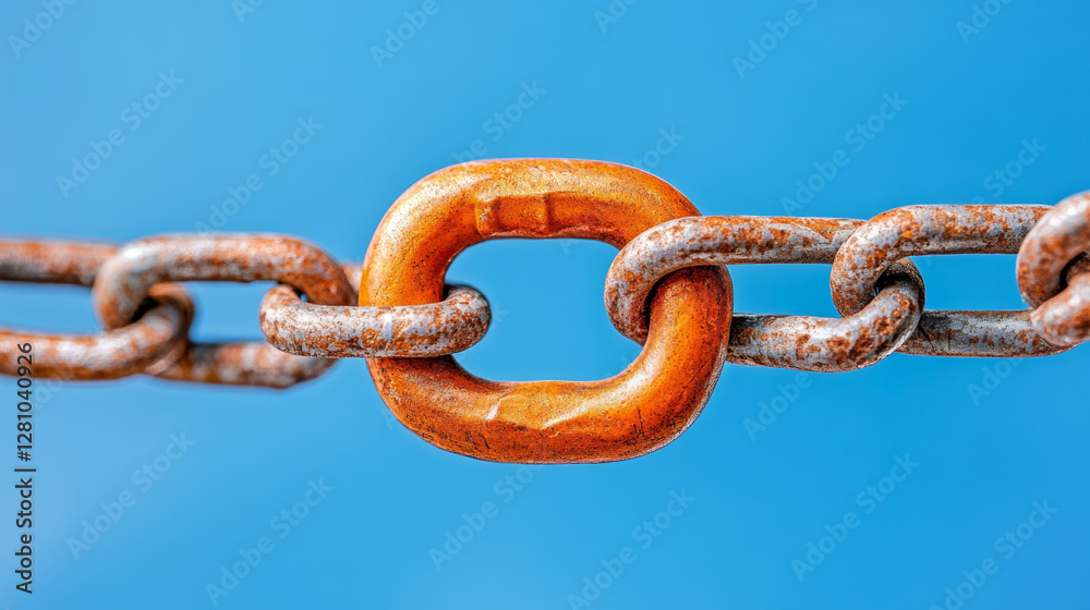 Fototapeta premium close up of rusty metal chain link against blue sky background, symbolizing strength and connection