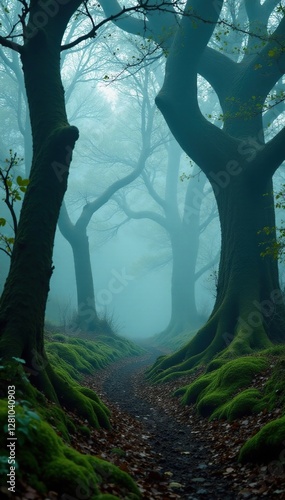 Mysterious forest with misty atmosphere and gnarled trees, moss, forests