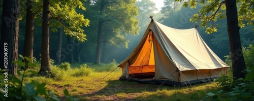 Old canvas tent, aged texture, forest backdrop, aged, camping
