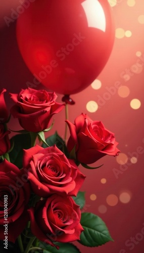 Luxurious red roses arrangement, red balloon, sparkling bokeh, valentines day background, love