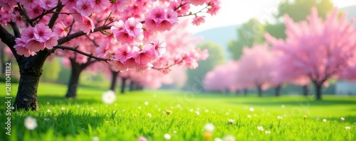 Pink cherry blossoms in full bloom over vibrant green grass , plant, nature, flowers