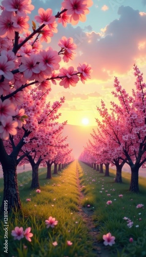 Pastel sunrise over a blooming orchard, branches heavy with blossoms , easter, peaceful