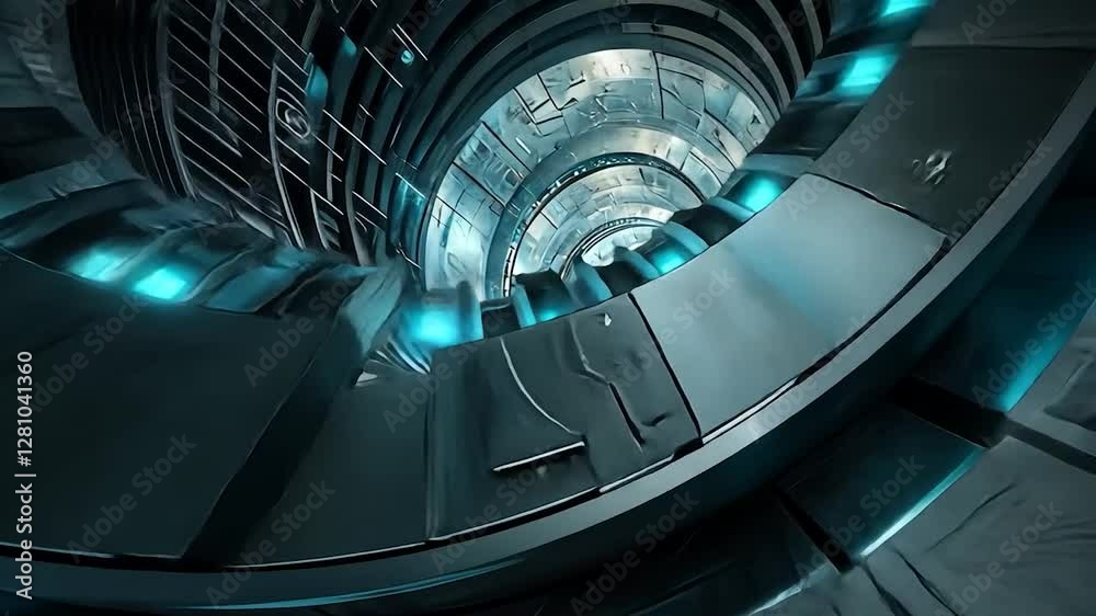 Futuristic metallic spiral tunnel with glowing blue lights. Futuristic metallic spiral tunnel with glowing blue lights.