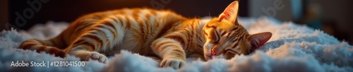 Sleeping ginger cat on plush throw, glowing light , comfortable, peaceful