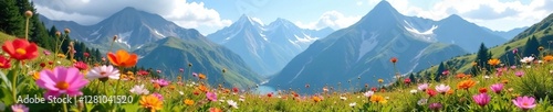 Soft petals of wildflowers swaying gently amidst towering mountain peaks, scenery, meadow