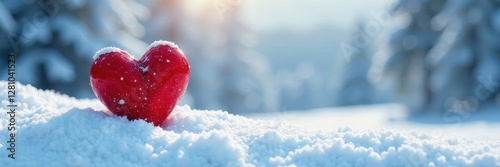 Snowy landscape, single red heart, blank space for message,  illustration,  romance