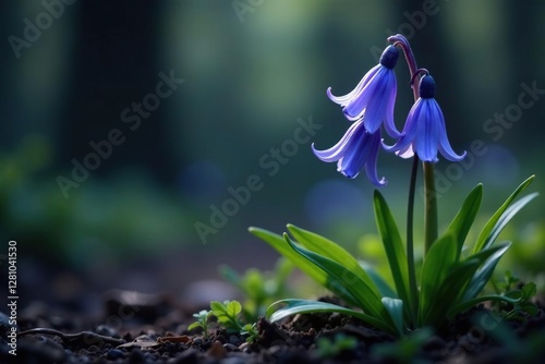 stunning scilla bluebell flower in a dark and moody environment, , plant, violet flowers