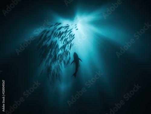 a silhouette of a shark swimming towards a school of fish in deep blue water.