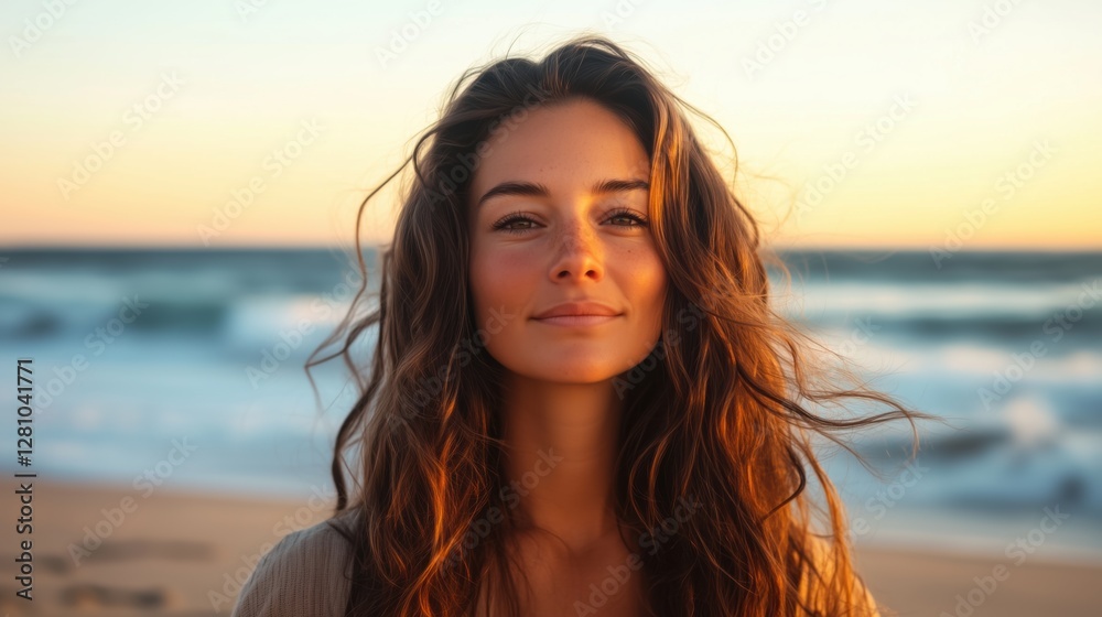 Woman standing on the beach at sunset with wavy brown hair and a serene expression Woman standing on the beach at sunset with wavy brown hair and a serene expression