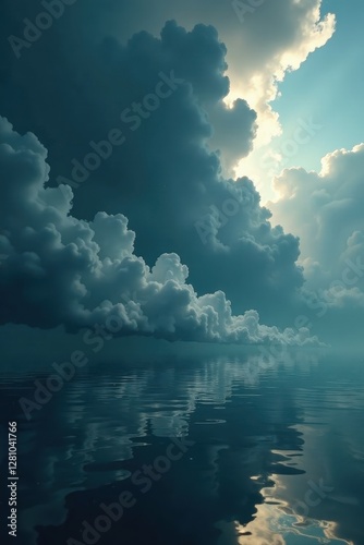 Submerged black clouds, chaotic forms in still water, shadows, mystery