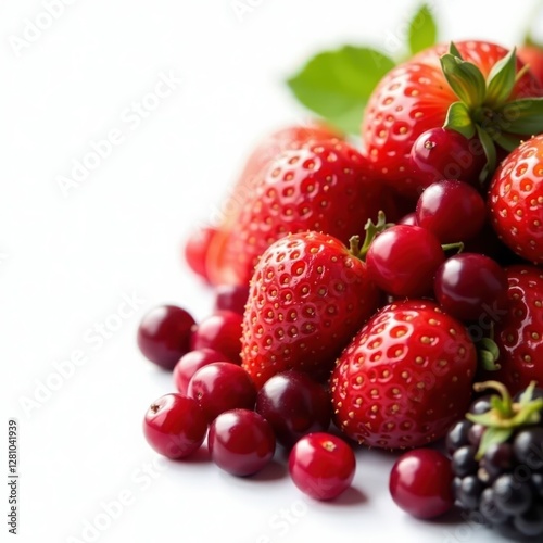 Sun-drenched strawberries, cherries, & blackberries against stark white , blackberries, black