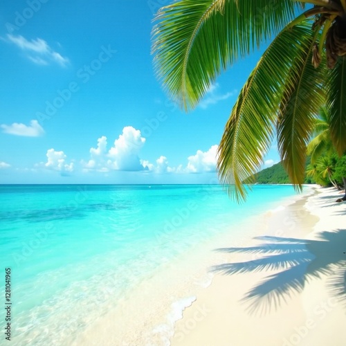 Turquoise water laps gently at the shore, palm fronds sway in the breeze , nature, foliage, exotic