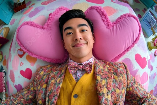Love confession. Valentine's day greeting from man or for man: stunning striking image of loving asian young guy. Commercial visual idea. Romantic storytelling in advertising.