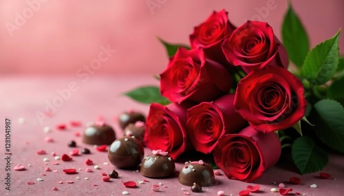 Vibrant red roses, decadent chocolates, romantic Valentine's Day arrangement , heart, flowers, delicious