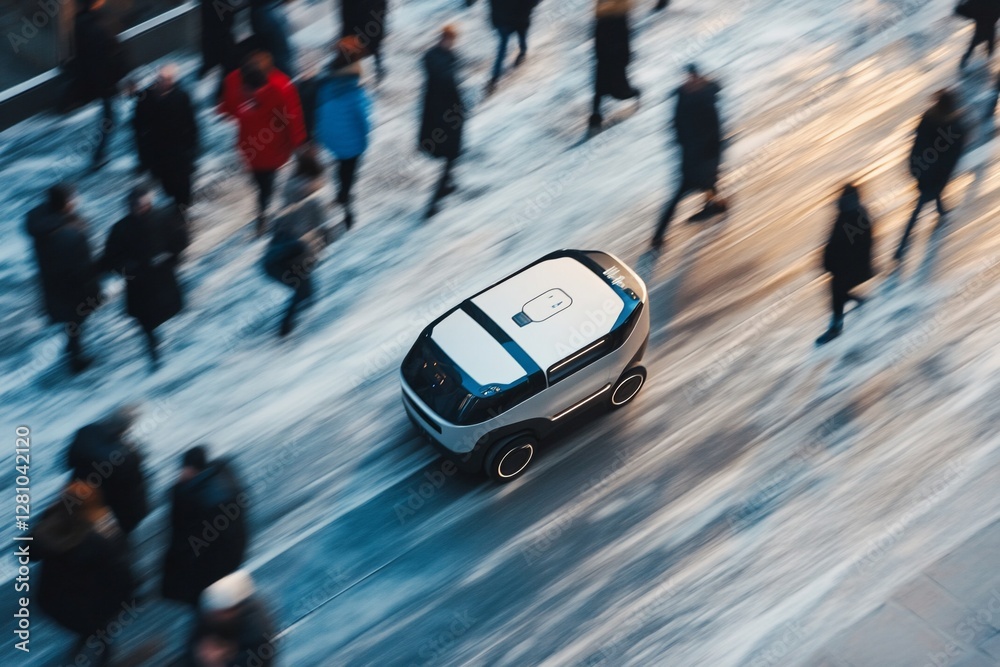 Fototapeta premium Autonomous delivery robot navigating city sidewalk, rush hour