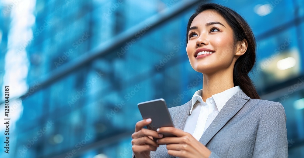 A beautiful and busy young Asian businesswoman, who is a Korean professional, uses her smartphone and holds her cellphone as she stands or walks on an urban city street outside A beautiful and busy young Asian businesswoman, who is a Korean professional, uses her smartphone and holds her cellphone as she stands or walks on an urban city street outside