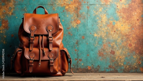 Vintage leather backpack, distressed texture, cut out , brown, accessory, texture