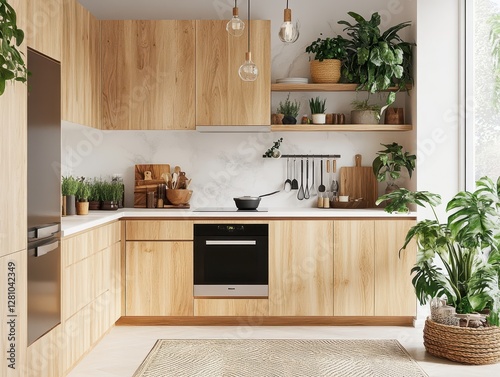 An oak kitchen showcases interior decor with lots of plants