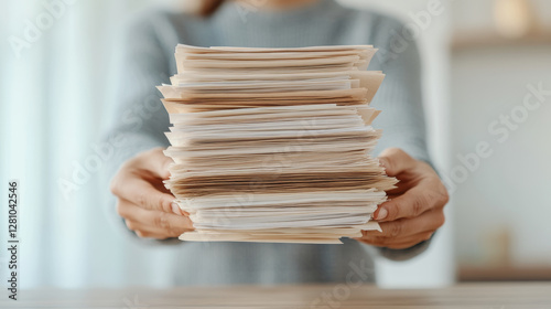 person holding large stack of documents, showcasing organization and paperwork management. scene conveys sense of productivity and diligence
