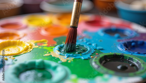 A close-up of a paintbrush dipping into a colorful paint palette, symbolizing creativity, inclusivity, and self-expression. This image is ideal for promoting art therapy programs